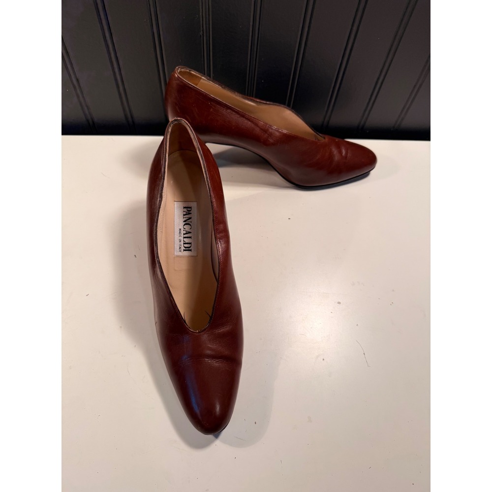 Pancaldi Womens 8.5 AA Brown Leather V-Vamp Pointed Toe Pumps Made in Italy